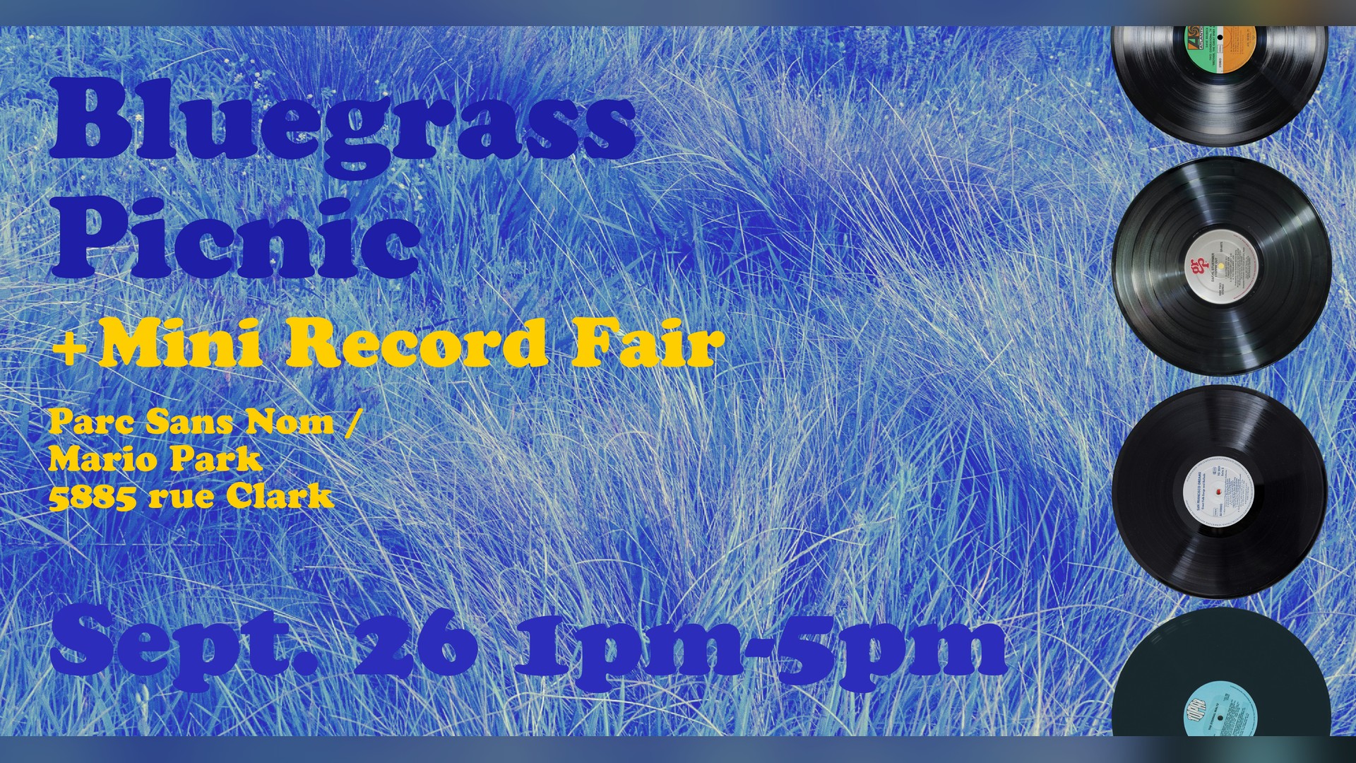 Affiche de Bluegrass Picnic + Mini Record Fair au Mario Park à Montréal, le 26 septembre 2026