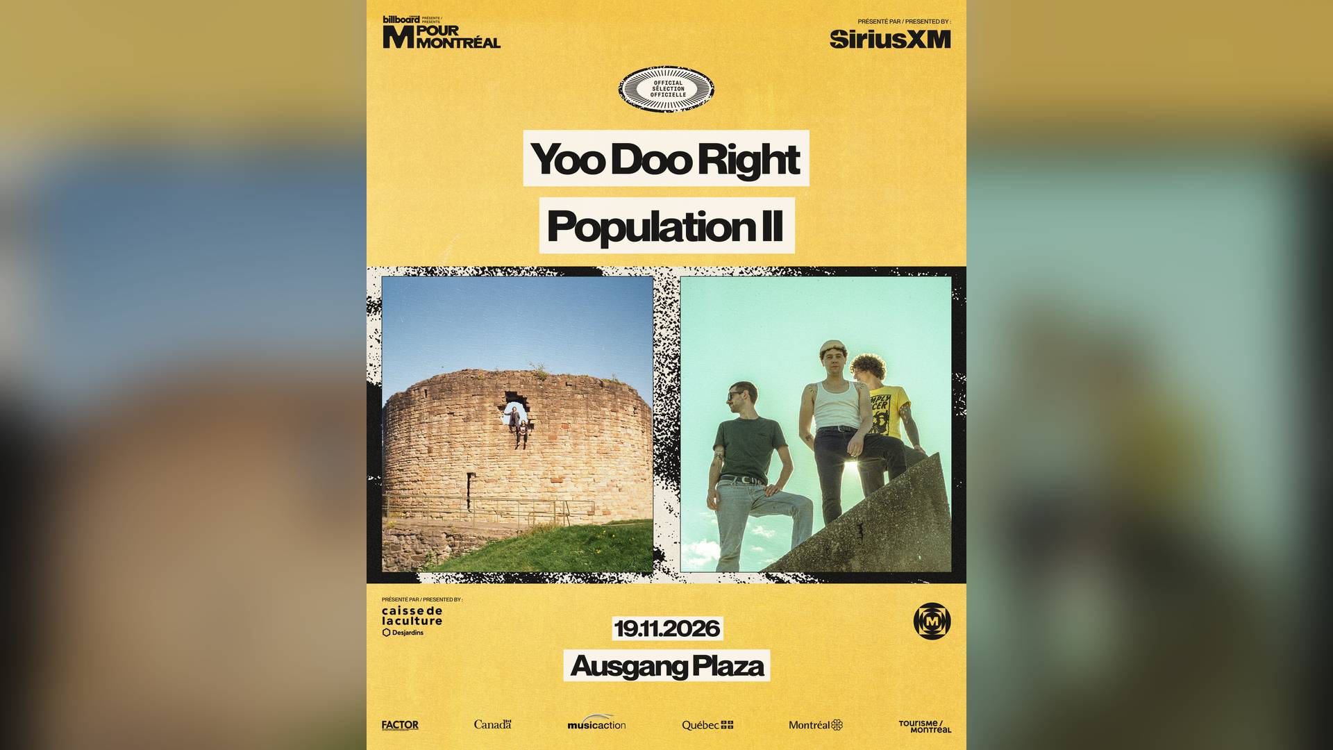 Affiche de SOLD OUT - SÉLECTION OFFICIELLE – M POUR MONTRÉAL : Yoo Doo Right (lancement d'album) + Population II au Ausgang Plaza à Montréal, le 19 novembre 2026