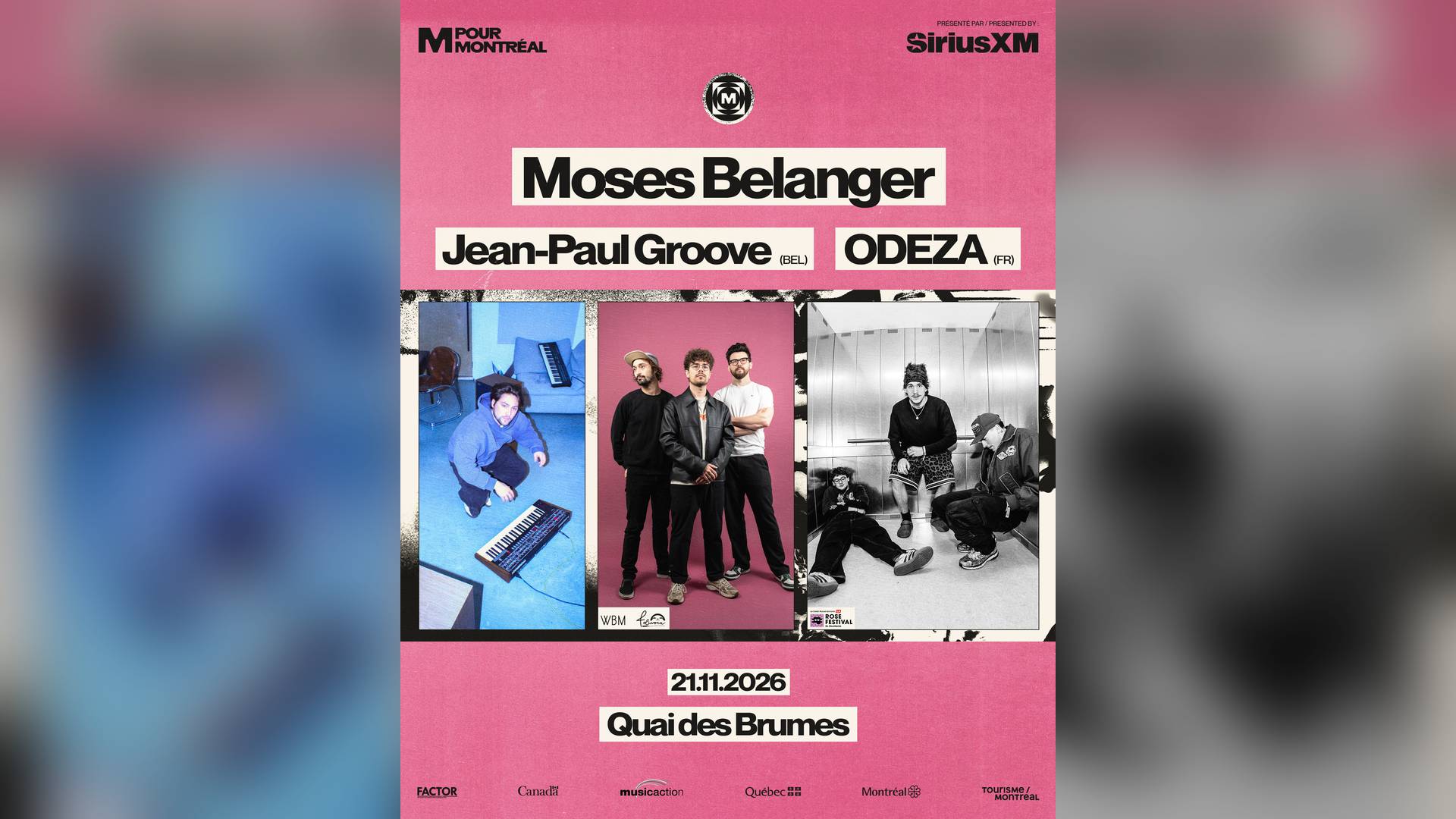 Affiche de Moses Belanger, Jean-Paul Groove & Odeza au Quai des brumes à Montréal, le 21 novembre 2026