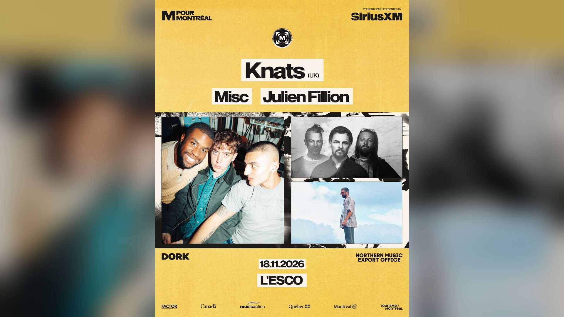 Affiche de Knats (UK), Misc & Julien Fillion à l’Escogriffe à Montréal, le 18 novembre 2026