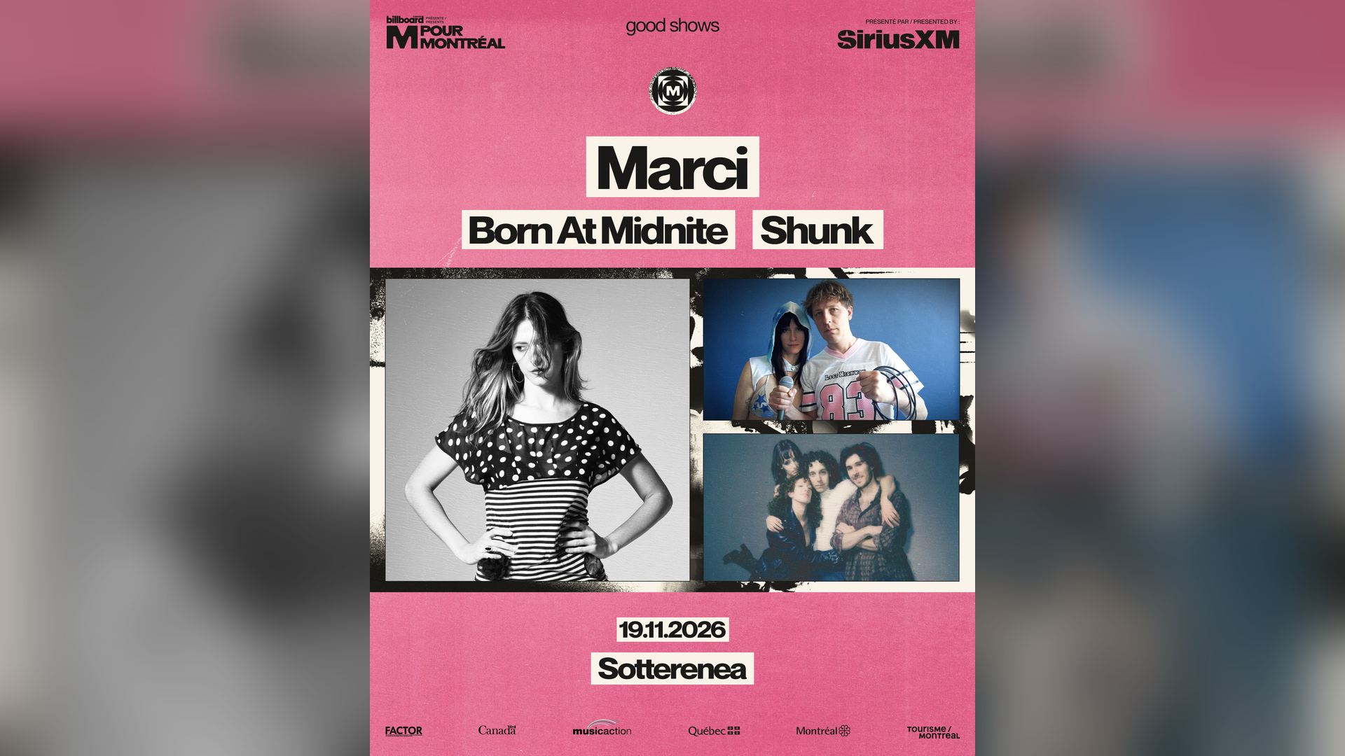 Affiche de Marci, Born At Midnite & Shunk à la Sotterenea à Montréal, le 19 novembre 2026